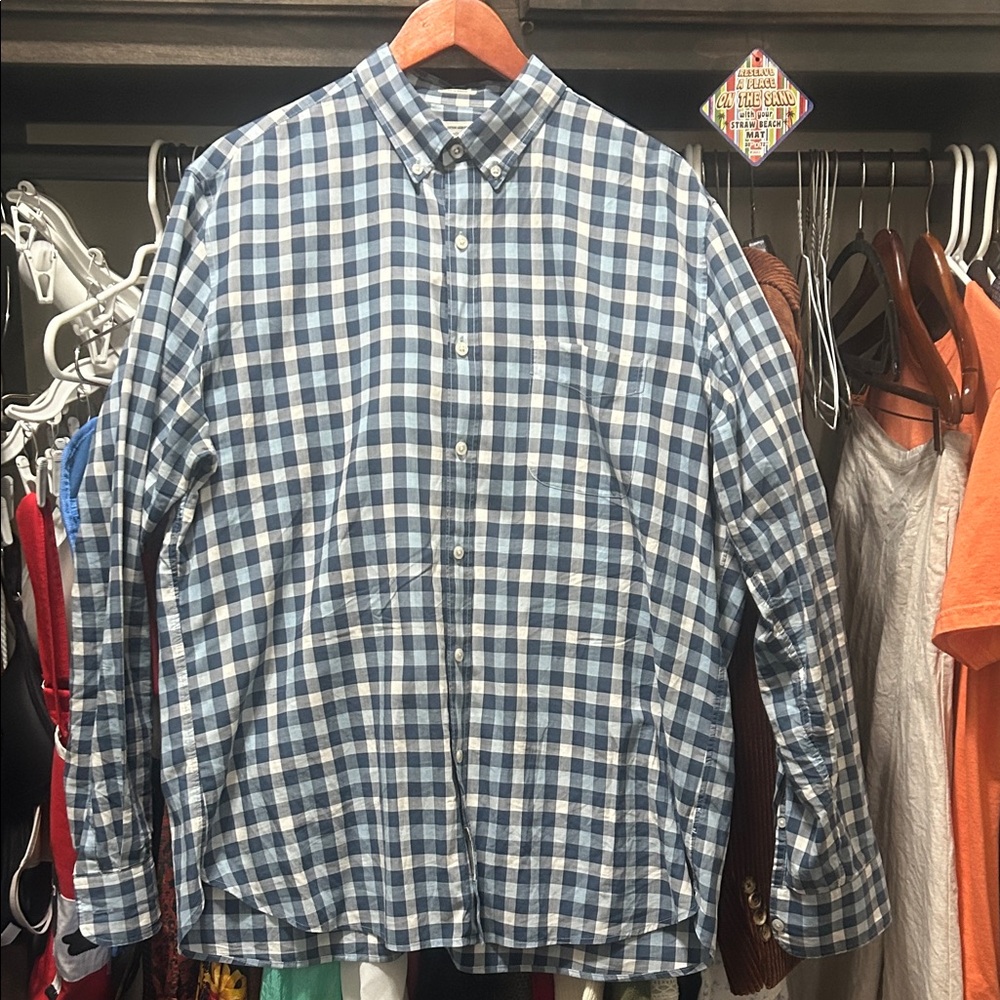 J. Crew Sz L 100% Cotton Long Sleeve Blue Checkered Button Down Shirt EUC